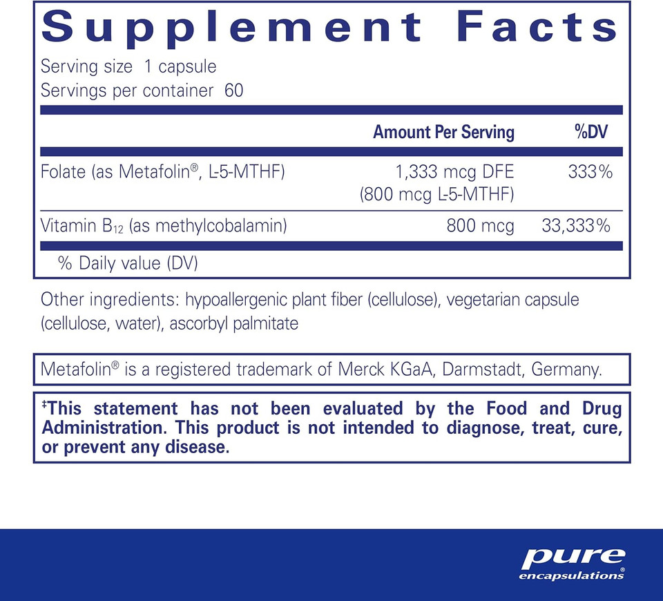 Pure Encapsulations B12 Folate - Energy Supplement To Support Nerves, Energy Metabolism & Cognitive Support* - With Vitamin B Folate As Metafolin - 60 Capsules