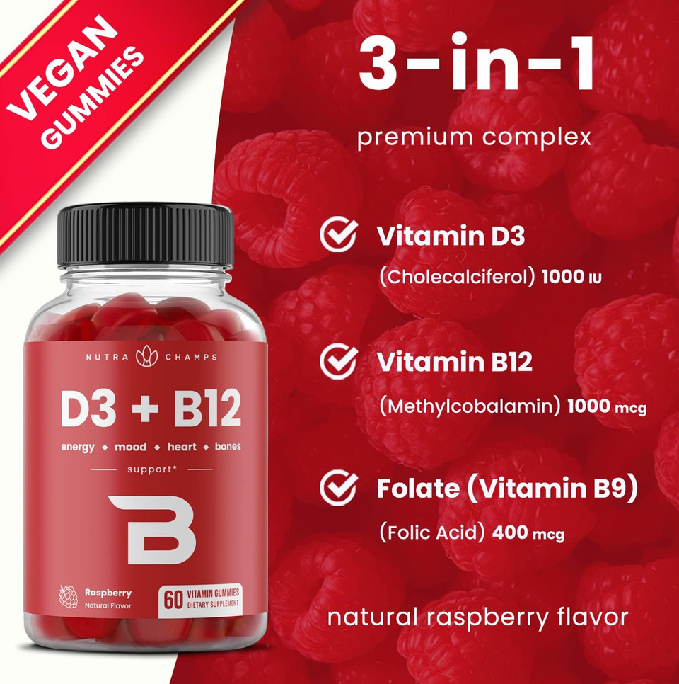 Vitamin D3 & Vitamin B12 | Methyl B12 Gummies For Adults & Kids | Enhanced With Vitamin D 3 & B9 Vitamin Folate | Natural Energy, Mood, Metabolism & Focus | Raspberry | 60 Gummies Vitamin D3 & Vitamin B12 | Methyl B12 Gummies For Adults & Kids | Enhanced With Vitamin D 3 & B9 Vitamin Folate | Natural Energy, Mood, Metabolism & Focus | Raspberry | 60 Gummies
