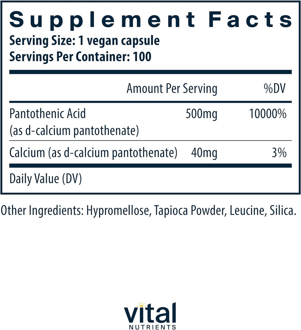 Vital Nutrients - Pantothenic Acid - Immune System Support - 100 Vegetarian Capsules Per Bottle - 500 Mg