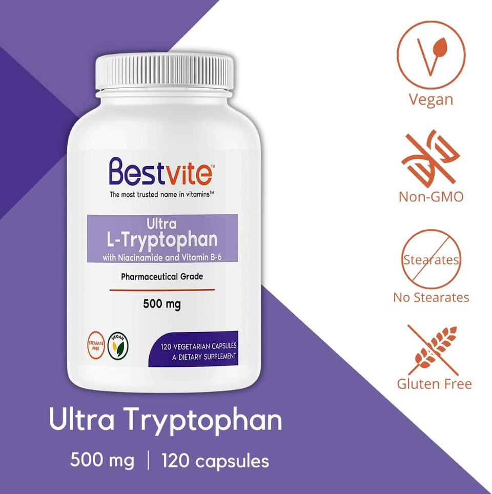 Bestvite L-Tryptophan 500Mg With B3 & B6 (120 Vegetarian Capsules)  No Fillers  No Stearates