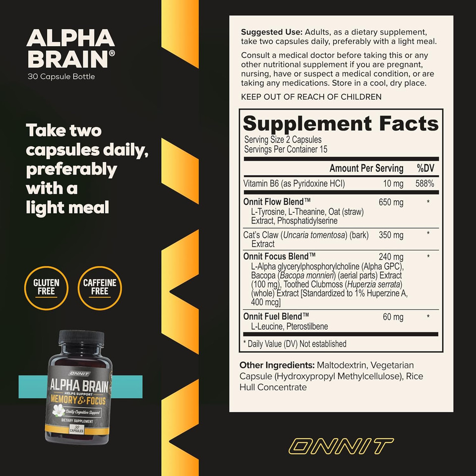 Onnit Alpha Brain Premium Nootropic Brain Supplement, 30 Count, For Men & Women - Caffeine-Free Focus Capsules For Concentration, Brain Booster& Memory Support - Cat'S Claw, Bacopa, Oat Straw