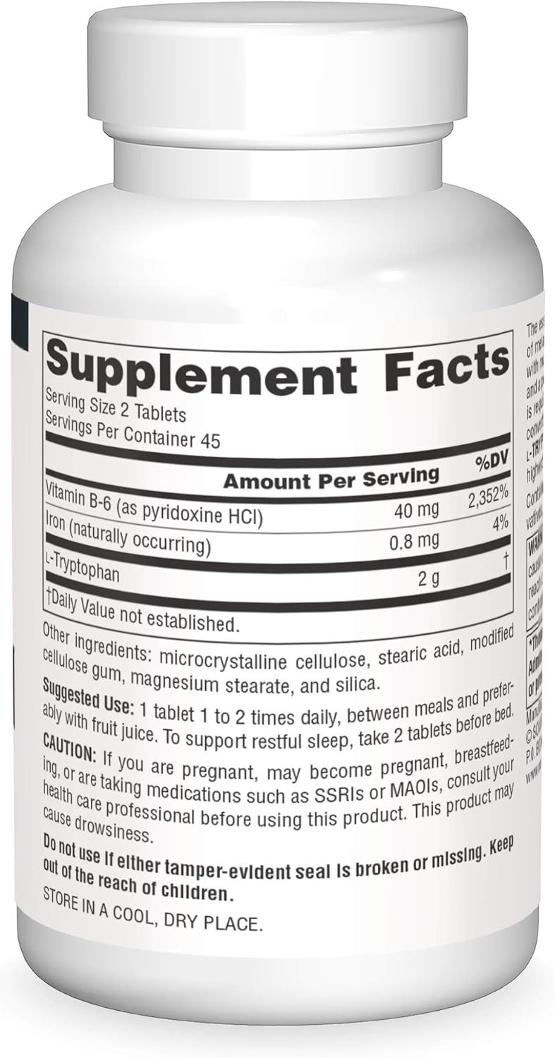 Source Naturals L-Tryptophan With Vitamin B-6 1000 Mg Support Mood, Relaxation And Sleep - 90 Tablets