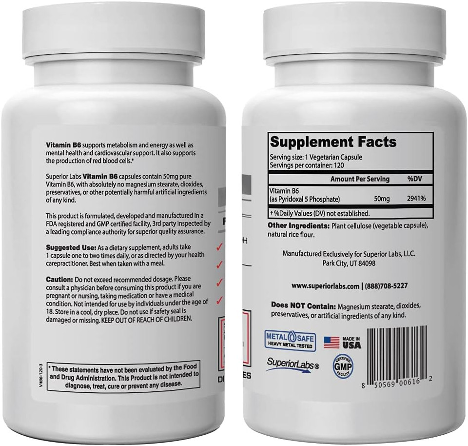 Superior Labs  Best Vitamin B6 Dietary Supplement  50 Mg Dosage,120 Vegetable Capsules Supports Immune System Health  Healthy Brain Function  Cardiovascular Health Support
