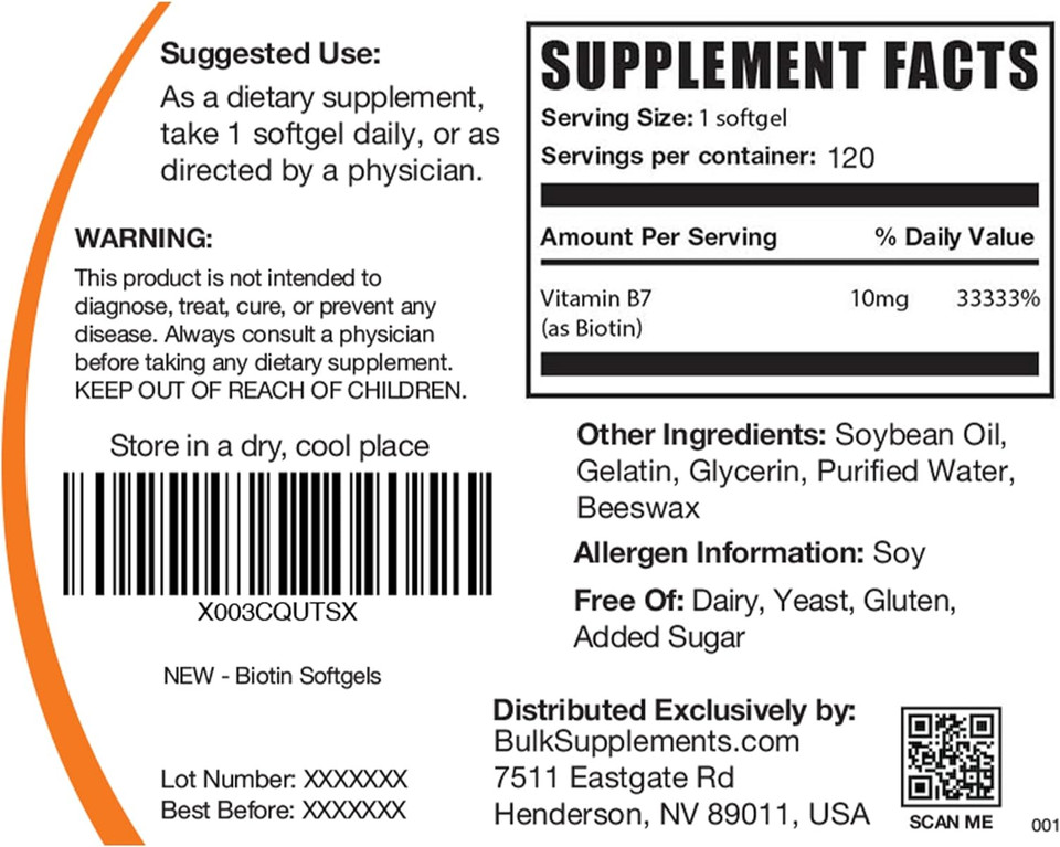 Bulksupplements.Com Biotin 10000Mcg Softgels - Biotin Softgels, Biotin Supplement, Biotin Vitamins For Hair Skin And Nails - Biotin Pills, Gluten Free - 1 Softgel Per Serving, 120 Softgels
