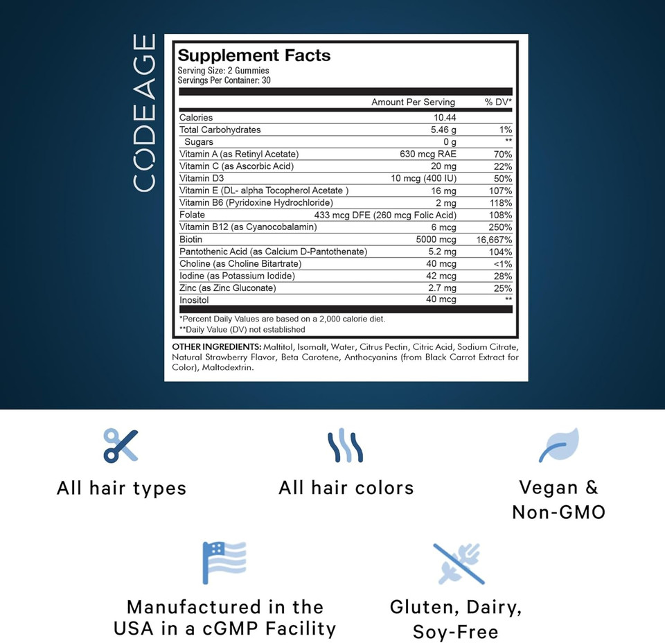 Codeage Hair Gummies, Biotin 5000 Mcg, Sugar Free Growth Gummy Vitamins A, C, B6, B12, D3, Zinc, Inositol Supplement, Women & Men, Pantothenic Folic Acid, Nails, Skin, Strawberry Coconut Flavor, 60 Ct