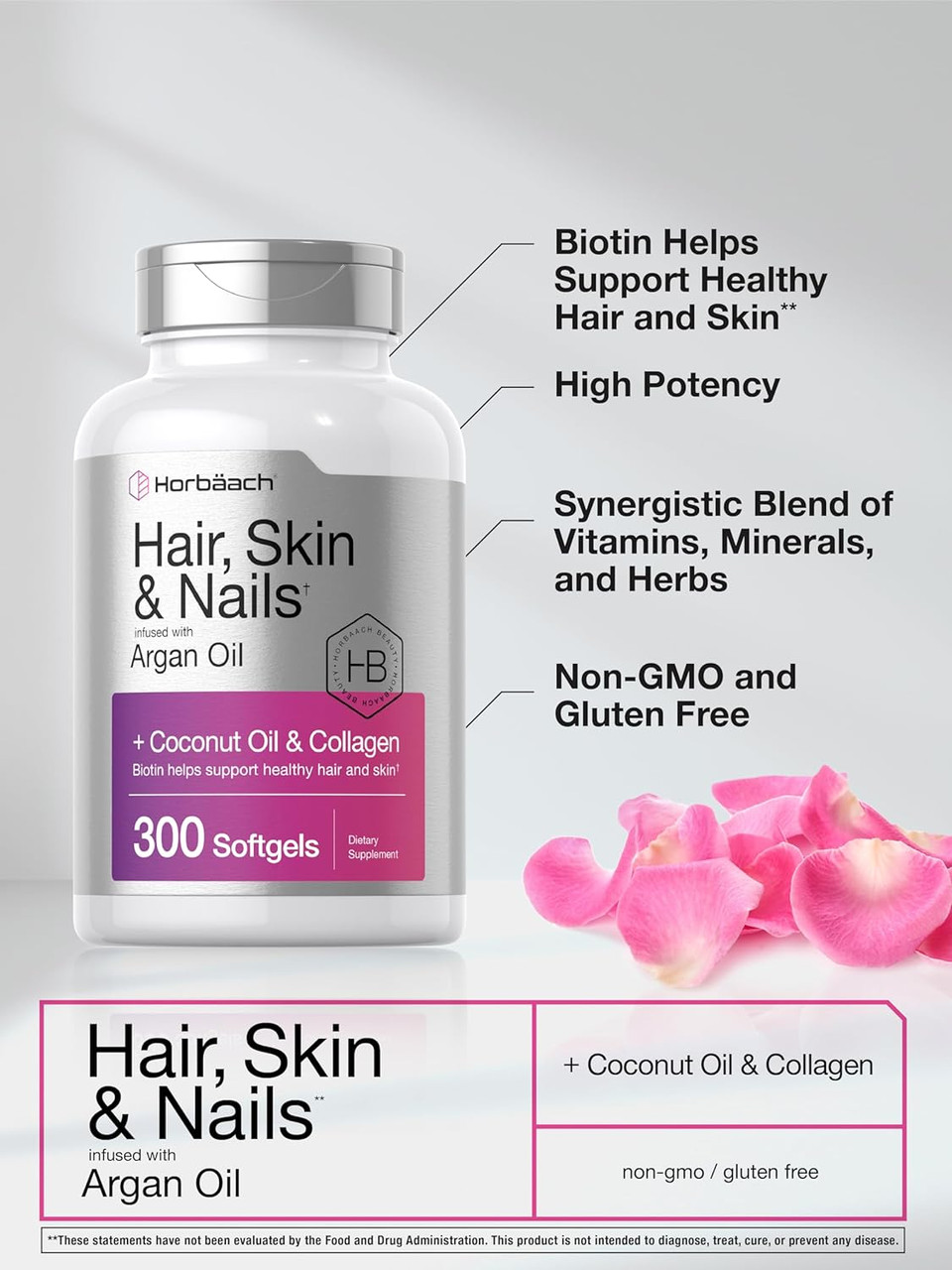 Hair Skin And Nails Vitamins | 300 Softgels | With Biotin And Collagen | Infused With Argan Oil And Coconut Oil | Non-Gmo, Gluten Free Supplement | By Horbaach