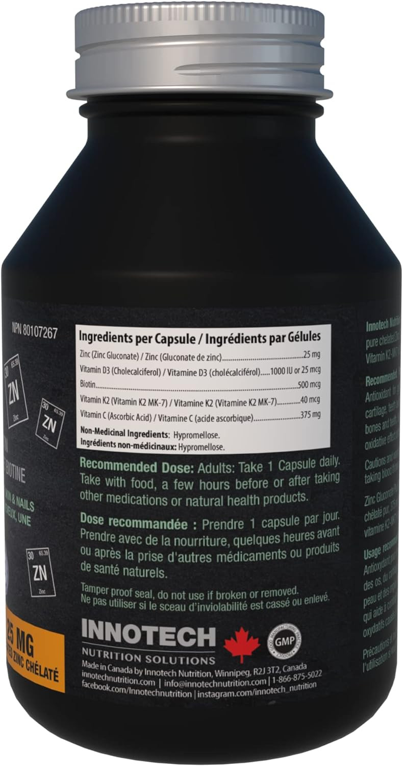 Innotech Nutrition Zinc + Contains Zinc Gluconate, Vitamin D, K2, C & Biotin - Maintains Immune Function, Healthy Hair Skin & Nails