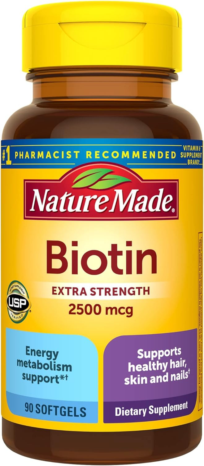 Nature Made Extra Strength Biotin 2500 Mcg, Dietary Supplement For Healthy Hair, Skin & Nail Support, 90 Softgels, 90 Day Supply