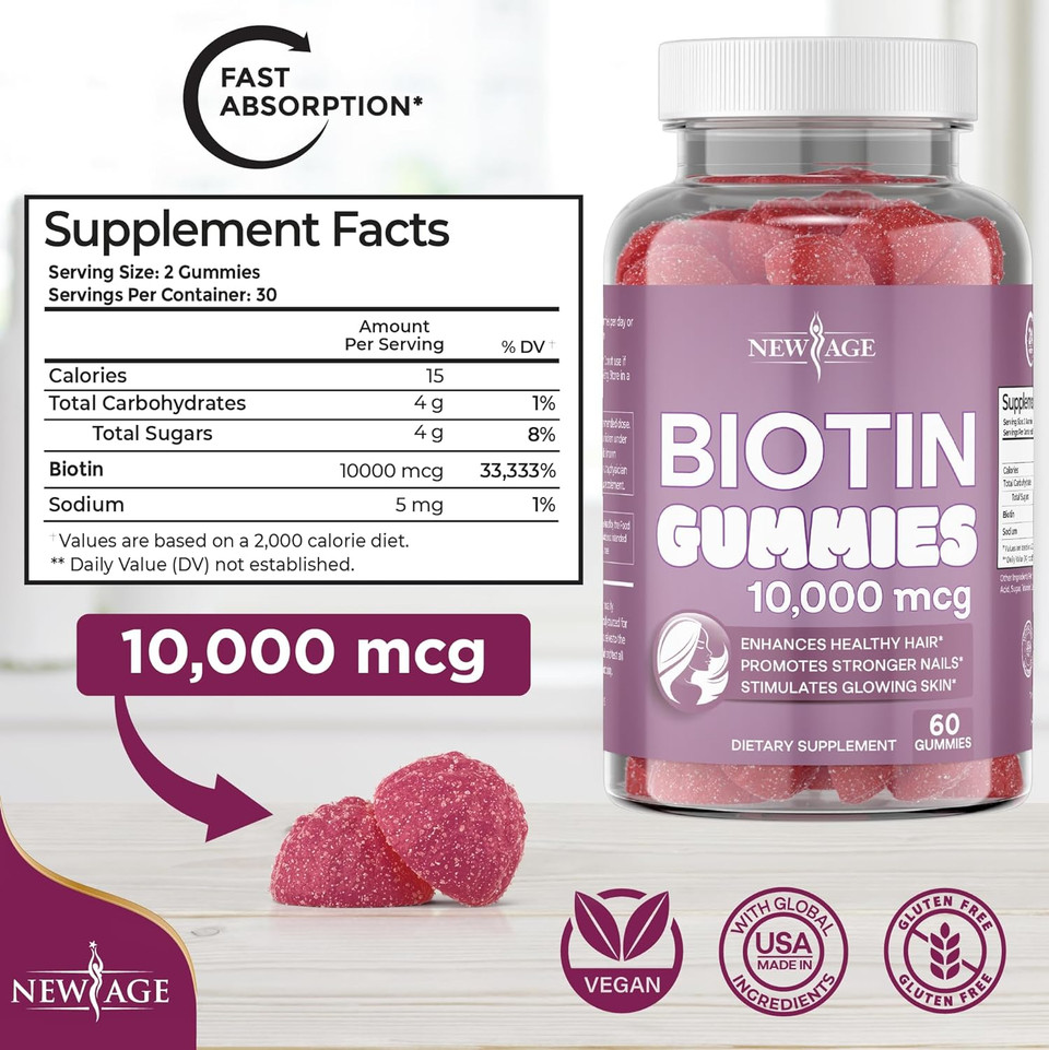 NEW AGE Biotin Gummies  Hair, Skin & Nails Gummies  10,000 mcg - Supports Nail Strength and Healthy Hair - Non-GMO Supplement for Women, Men - Made in USA -120 Count