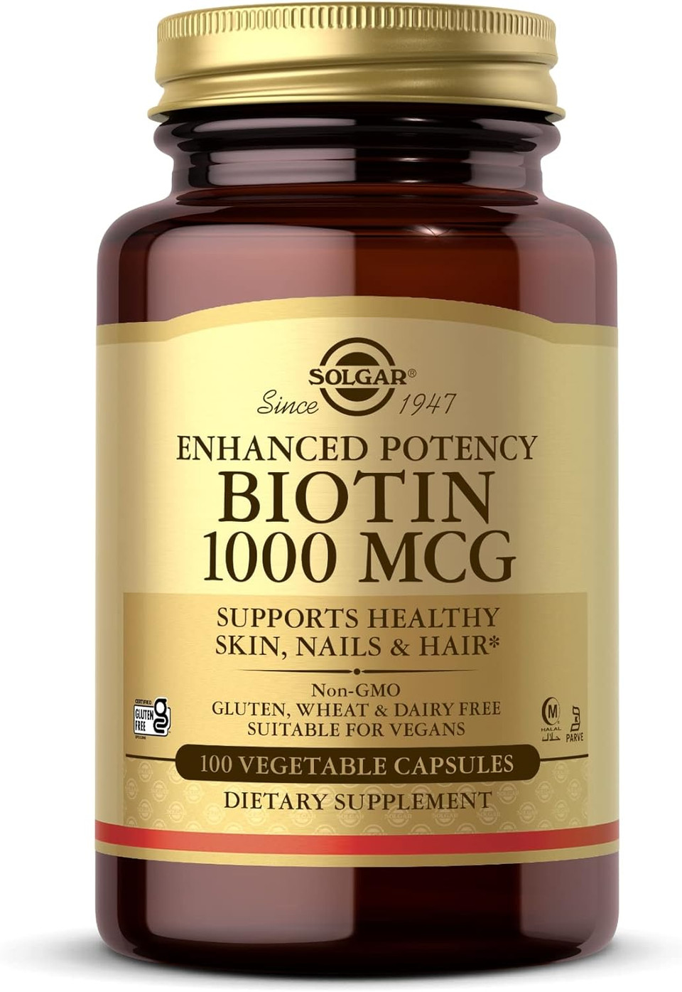 Solgar Biotin 1000 Mcg - 100 Vegetable Capsules - Supports Healthy Skin, Nails & Hair - Non-Gmo, Vegan, Gluten Free, Dairy Free, Kosher, Halal - 100 Servings100 Count (Pack Of 1)