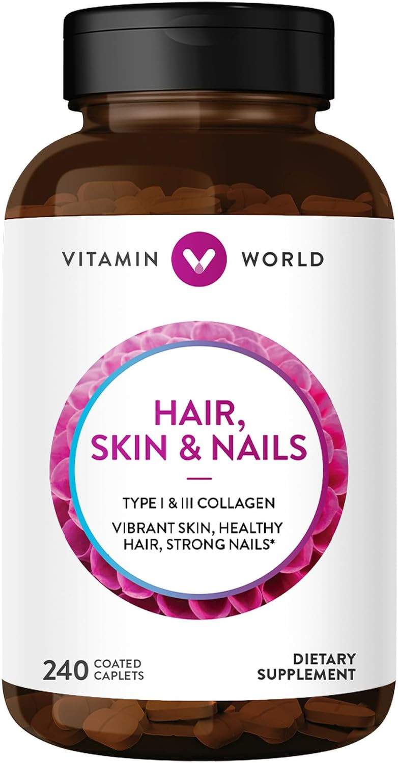 Vitamin World Hair, Skin And Nails Formula 240 Caplets, Type I And Iii Collagen, 3000Mcg Biotin, Antioxidant, Coated, Gluten Free240 Count (Pack Of 1)