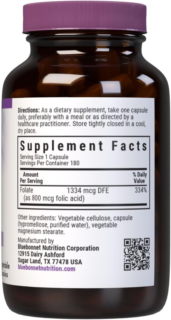 Bluebonnet Nutrition Folic Acid 800Mcg, Healthy Neurological Development*, Soy-Free, Gluten-Free, Non-Gmo, Kosher Certified, Dairy-Free, Vegan, 90 Vegetable Capsules