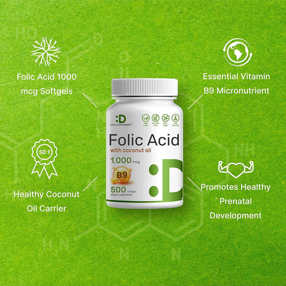 Deal Supplement Folic Acid 1000 Mcg (1 Mg), 500 Coconut Oil Softgels | Bioavailable Prenatal Vitamins (Vitamin B9)  1,667 Mcg Dfe  Easy To Swallow, Non-Gmo, & No Gluten Deal Supplement Folic Acid 1000 Mcg (1 Mg), 500 Coconut Oil Softgels | Bioavailable Prenatal Vitamins (Vitamin B9)  1,667 Mcg Dfe  Easy To Swallow, Non-Gmo, & No Gluten