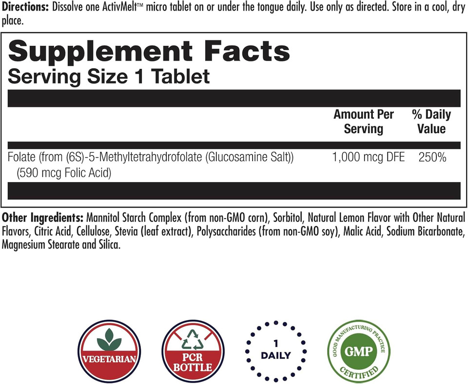 Kal Methyl Folate 1000 Mcg, 5-Mthf Active Form, Folic Acid Supplement, Heart Health, Prenatal, Mood And Brain Support, Vegetarian, Natural Lemon Activmelt, 60-Day Guarantee, 60 Serv, 60 Micro Tablets