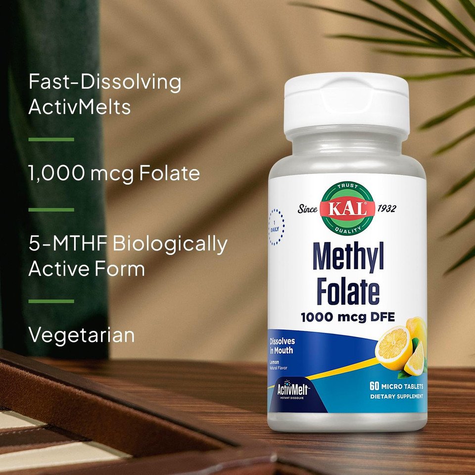 Kal Methyl Folate 1000 Mcg, 5-Mthf Active Form, Folic Acid Supplement, Heart Health, Prenatal, Mood And Brain Support, Vegetarian, Natural Lemon Activmelt, 60-Day Guarantee, 60 Serv, 60 Micro Tablets