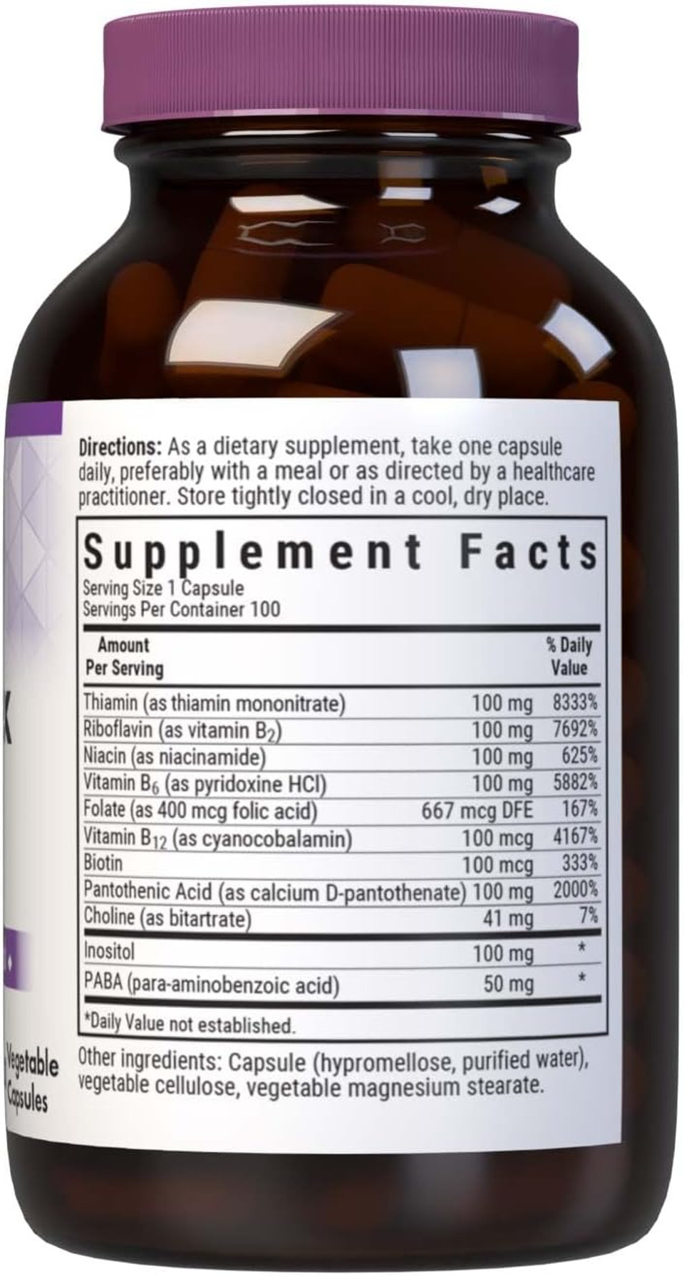Bluebonnet Nutrition B Complex, Complete Full Spectrum, Vitamin B6, B12, Biotin, Folate, Vegan, Vegetarian, Gluten, Soy & Milk Free, Kosher, 100 Count