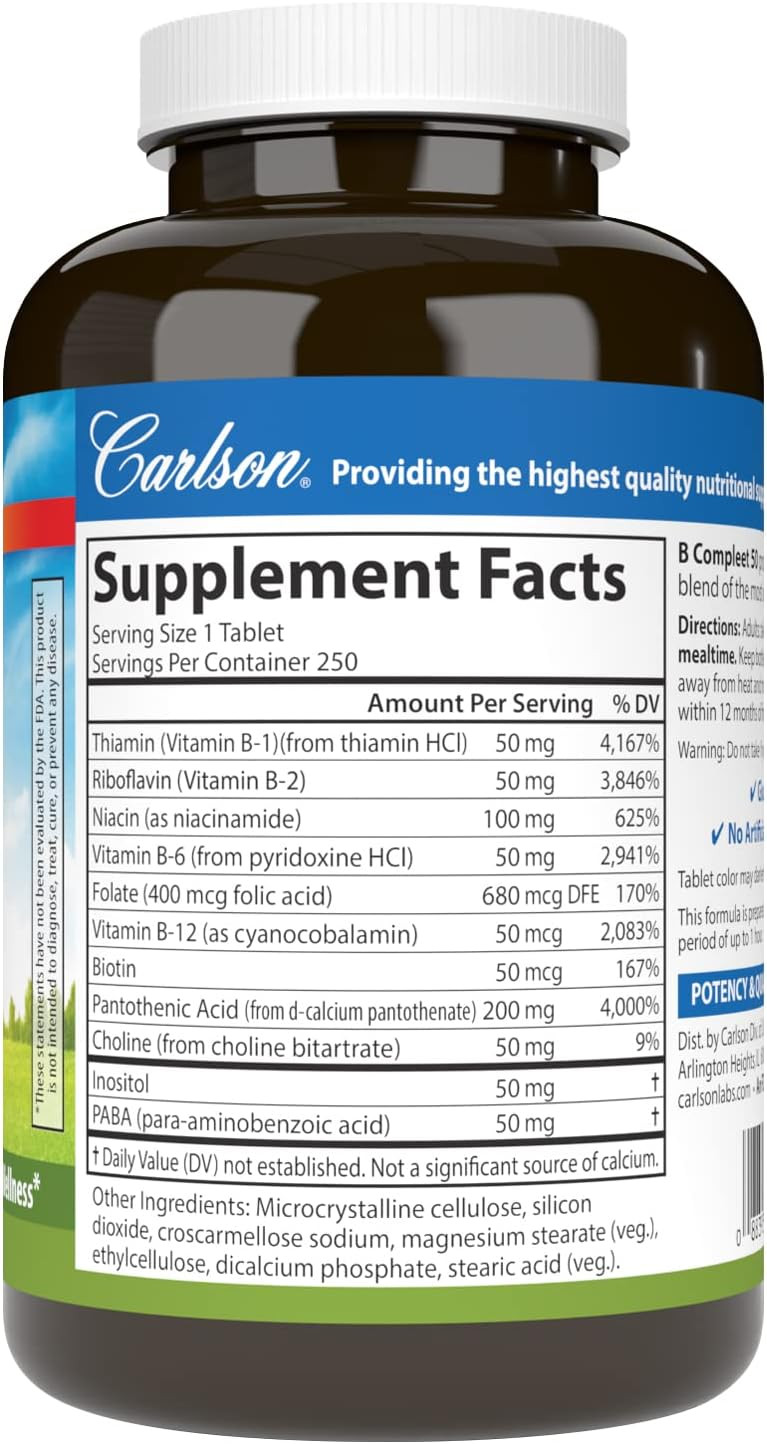 Carlson - B Compleet 50, Balanced Vitamin B Complex, Energy Production, Cellular Support & Optimal Wellness, 250 Tablets