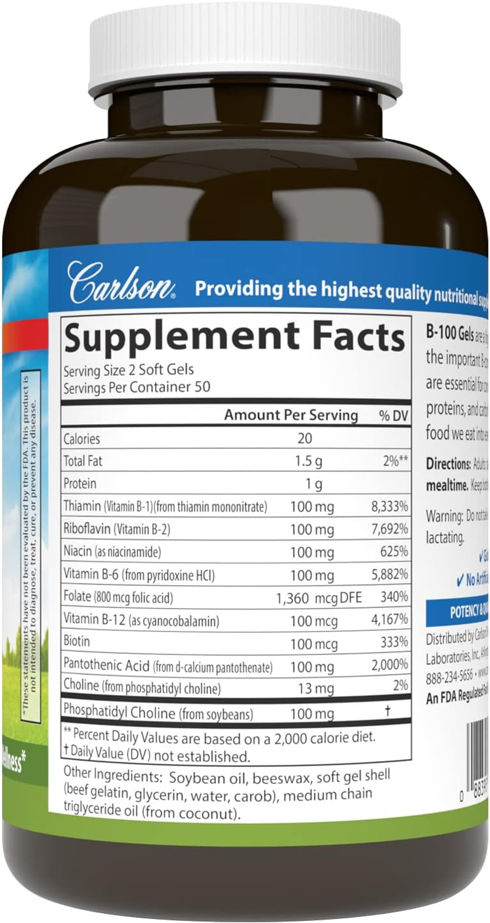 Carlson - B-100 Gels, High-Potency Vitamin B Complex, Energy Production, Cellular Support & Optimal Wellness, 100 Softgels