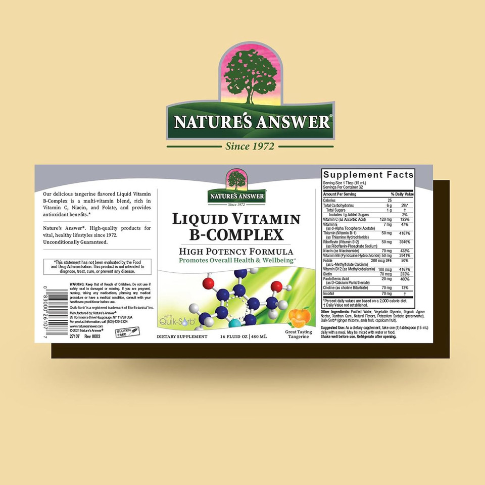 Nature'S Answer Liquid Vitamin B-Complex Supports Healthy Energy Levels | Promotes Healthy Nerve Function | All-Natural Tangerine Flavor | Gluten-Free & Benzoate-Free 16Oz