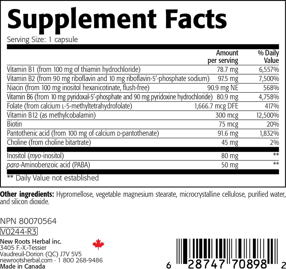 New Roots Herbal Ultra B Complex, 100Mg, Advanced Flush Free Formula (90 Veg Caps) | Vitamin B6, B12, Biotin| Supports Energy