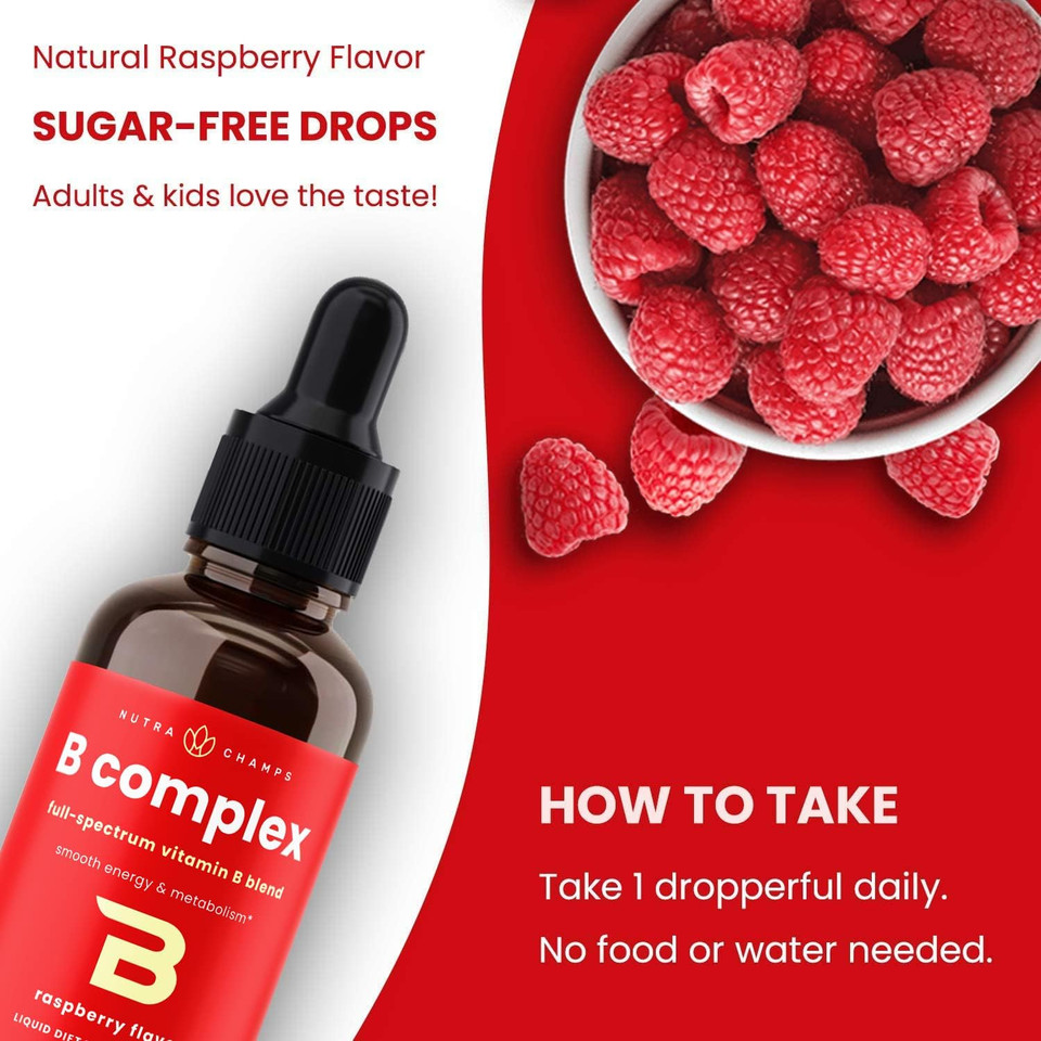 NutraChamps Vitamin B Complex Liquid Drops | B Vitamins Complex Supplement with B1, B2, B3, B6, B7, B9 & Methyl B12 Drops for Adults & Kids | Vegan Berry Flavor 2oz | 60 Servings / 2 Month Supply