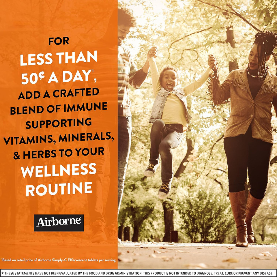 Airborne Simply C 500Mg Vitamin C With Zinc Effervescent Tablets, Immune Support Supplement With Powerful Antioxidant Vitamins A C & E - 36 Fizzy Drink Tablets, Zesty Orange Flavor