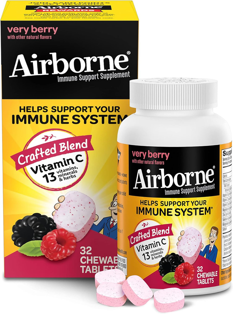 Airborne Vitamin C 1000Mg (Per Serving) - Very Berry Chewable Tablets (32 Count In A Box), Gluten-Free Immune Support Supplement, With Vitamins A C E, Zinc, Selenium, Echinacea & Ginger, Antioxidants