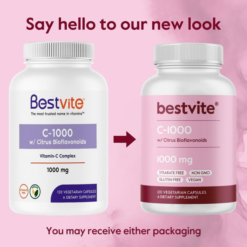 Bestvite Vitamin C 1000Mg (120 Vegetarian Capsules) With Citrus Bioflavinoids - No Stearates - Vegan - Non Gmo - Gluten Free