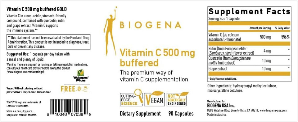 Biogena Vitamin C 500 Mg Buffered Gold - Premium Vitamin C In A Stomach-Friendly Complex And For Immune Support** | 90 Capsules | Good Absorbtion