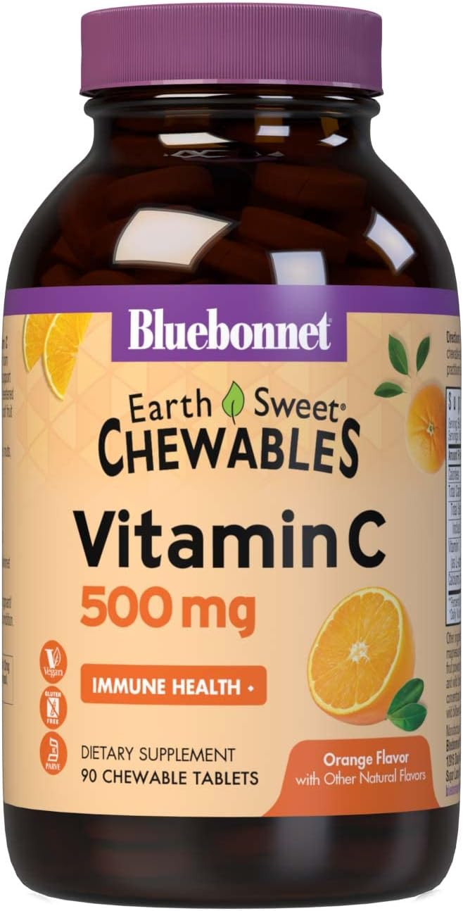 Bluebonnet Nutrition Earthsweet Vitamin C 500 Mg Powerful Antioxidant Protection & Immune Health Support Supplement - Maximum Absorption - Gluten-Free, Vegan - Orange Flavor - 90 Chewable Tablets