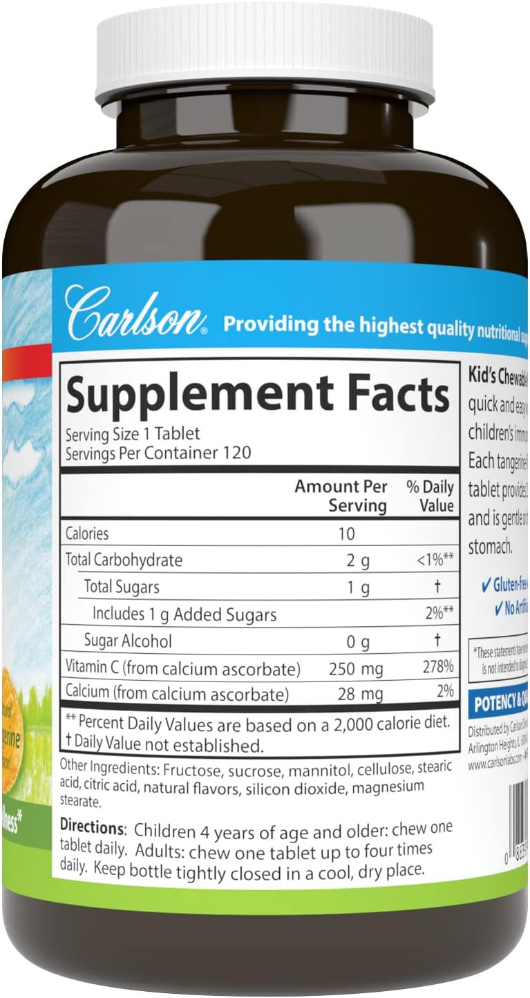 Carlson - Kid'S Chewable Vitamin C, 250 Mg, 1 G Of Sugars, Immune Support & Optimal Wellness, Antioxidant, Tangerine, 120 Vegetarian Tablets