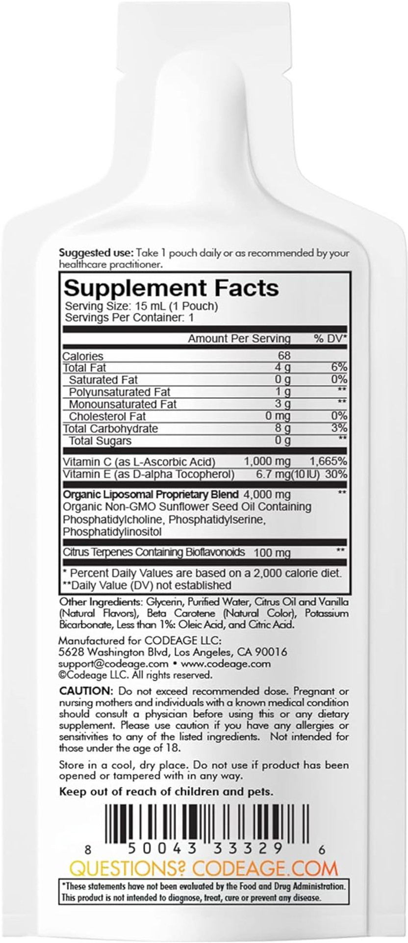 Codeage Liposomal Vitamin C Liquid 1000Mg Vitamin C, 4000Mg Essential Phospholipids, Supplement For Daily Immune Support, Liposomes For Absorption, Citrus Bioflavonoids, Vitamin E, Non-Gmo, 32 Pouches