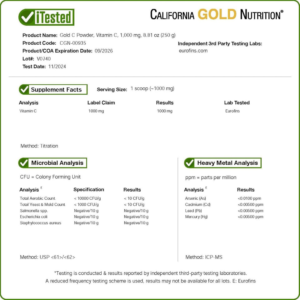 Gold C Powder By California Gold Nutrition - Usp Grade Vitamin C Powder - Immune Support & Seasonal Wellness - Vegetarian Friendly - Gluten Free, Non-Gmo - Quality Tested - 1000 Mg - 8.81 Oz (250 G)