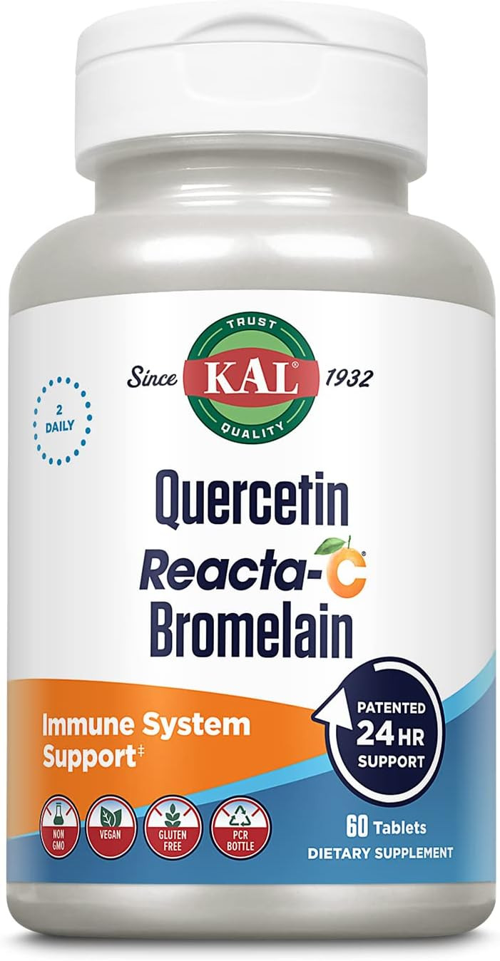 Kal Quercetin Reacta-C Bromelain Immune Support Supplement, 24 Hour Immune Defense With Bioflavonoids, Vitamin C 1000Mg And Quercetin 500Mg, Vegan, Gluten Free, 60-Day Guarantee, 30 Serv, 60 Tablets