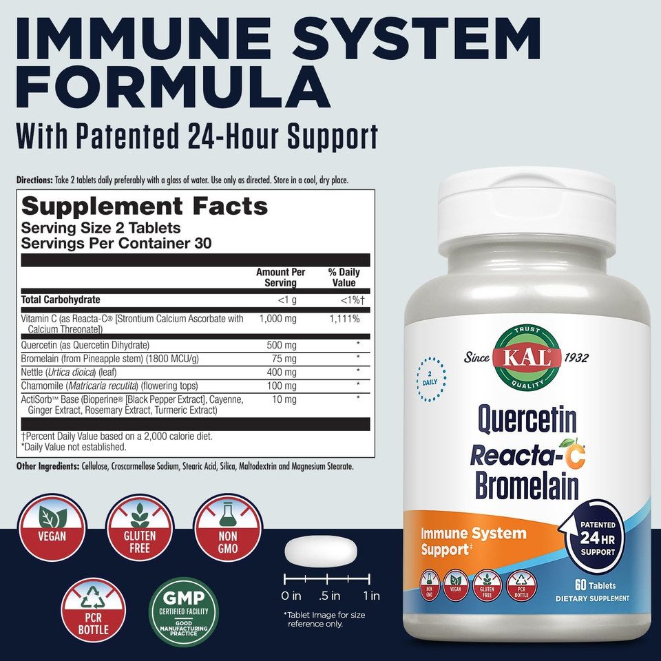 Kal Quercetin Reacta-C Bromelain Immune Support Supplement, 24 Hour Immune Defense With Bioflavonoids, Vitamin C 1000Mg And Quercetin 500Mg, Vegan, Gluten Free, 60-Day Guarantee, 30 Serv, 60 Tablets