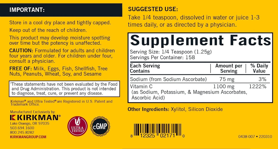 Kirkman - Buffered Vitamin C Powder - 7 Oz - Potent Antioxidant - Supports Immune Health - Hypoallergenic