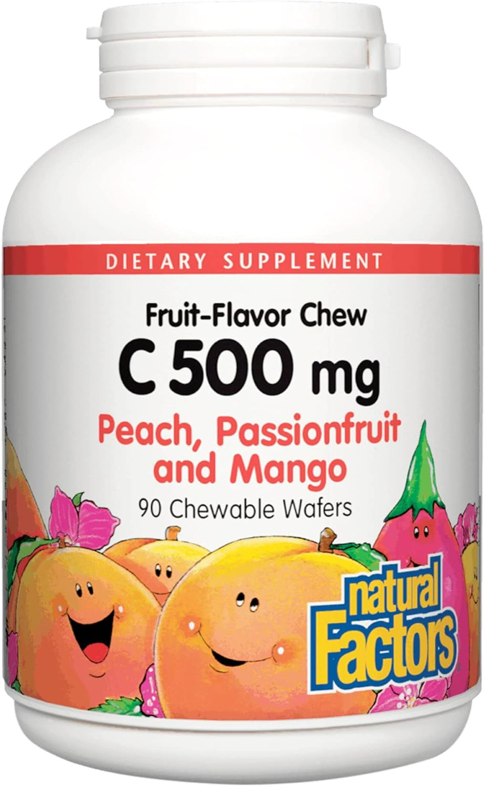 Natural Factors, Kids Chewable Vitamin C 500 Mg, Supports Immune Health, Bones, Teeth And Gums, Peach, Passionfruit And Mango, 90 Wafers