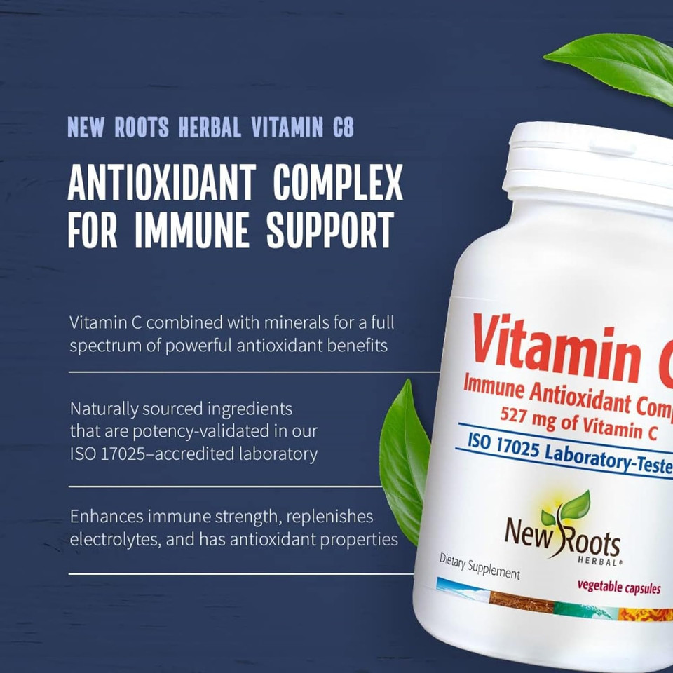 New Roots Herbal Vitamin C8, 527Mg Per Portion (90 Veg Caps)  8 Sources Of Vitamin C With Bioflavonoids, Green Tea & Zinc  Powerful Immune Support90 Capsules