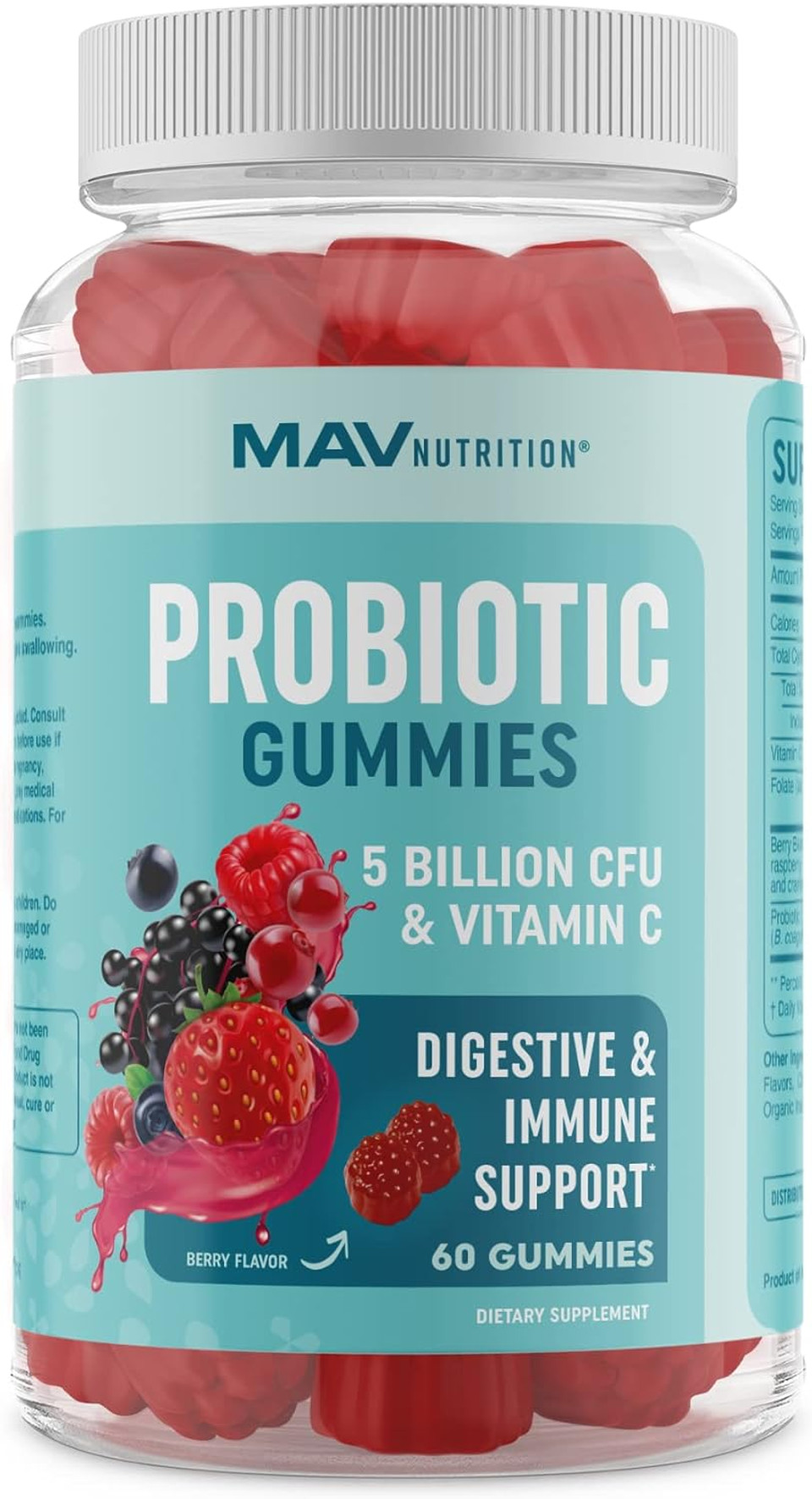 Probiotic Gummies With Vitamin C And Folic Acid | 5 Billion Cfu Probiotics | Gut Health, Digestion, & Immune System Support | Gluten-Free, Non-Gmo, Berry Flavor | With Organic Fruit Extracts | 60 Ct