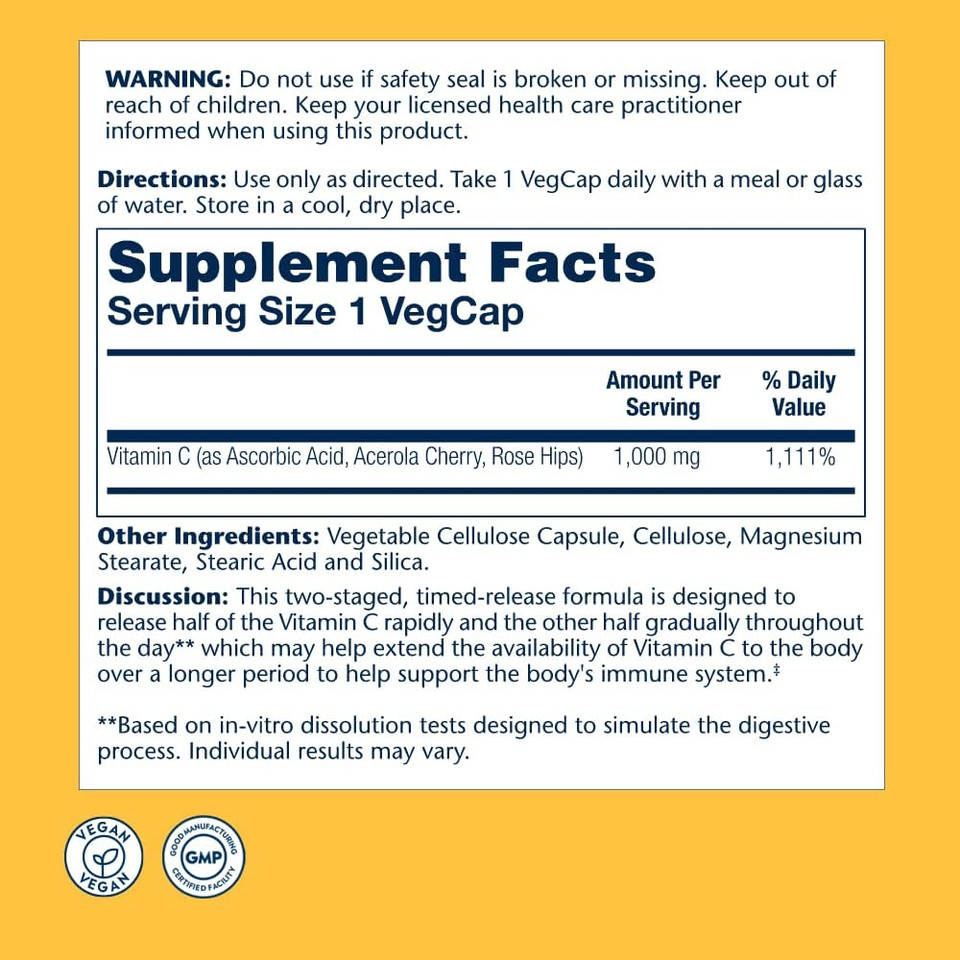 Solaray Vitamin C 1000Mg Timed Release Capsules With Rose Hips & Acerola Bioflavonoids, Two-Stage For High Absorption & All Day Immune Function Support, 60 Day Guarantee, 250 Servings, 250 Vegcaps250 Count (Pack Of 1)