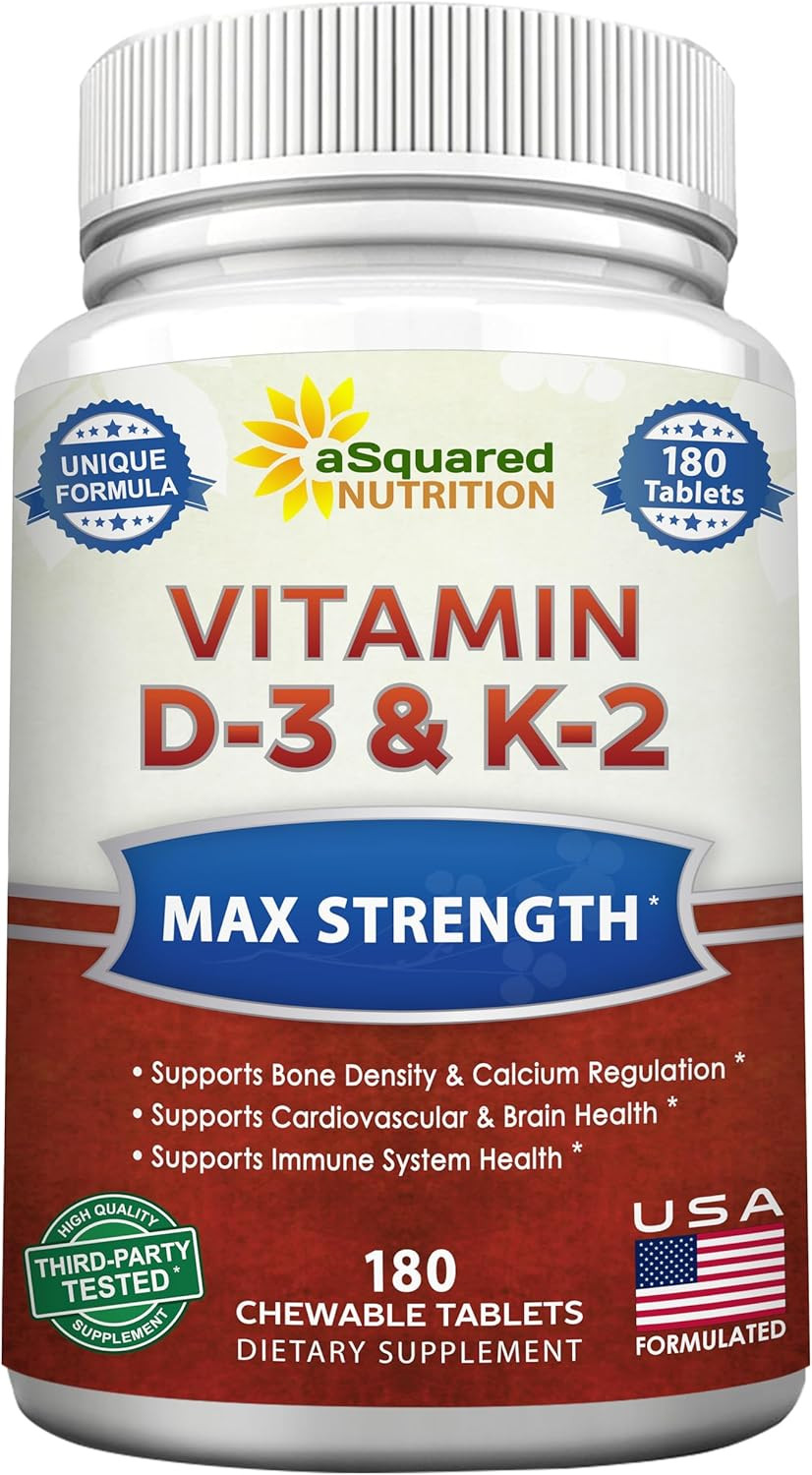 Asquared Nutrition Vitamin D3 With K2 Supplement-180 Chewable Tablets, Max Strength D-3 Cholecalciferol & K-2 Mk7 To Support Healthy Bones, Teeth, Heart -Antioxidant D3 & K2 Mk-7 Energy Formula Adults