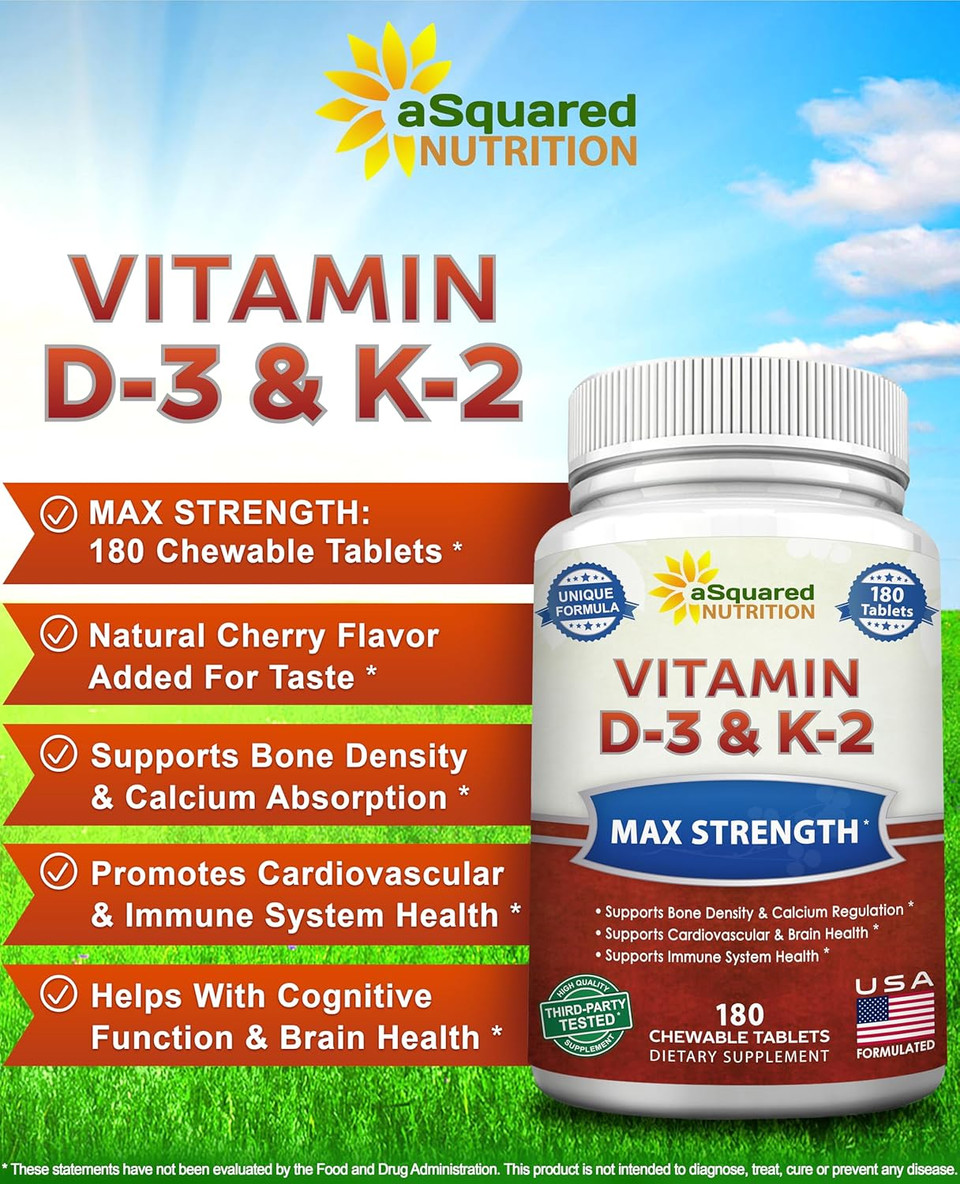 Asquared Nutrition Vitamin D3 With K2 Supplement-180 Chewable Tablets, Max Strength D-3 Cholecalciferol & K-2 Mk7 To Support Healthy Bones, Teeth, Heart -Antioxidant D3 & K2 Mk-7 Energy Formula Adults