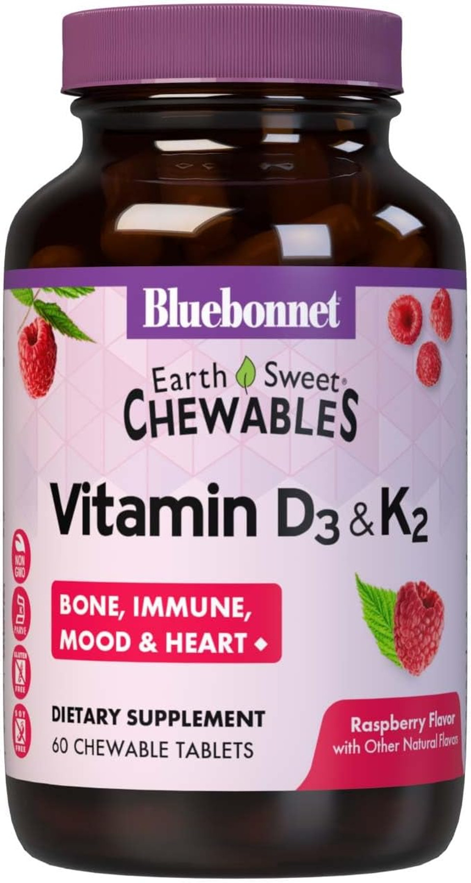 Bluebonnet Nutrition Vitamin D3 & K2 Earthsweet Chewable Tablets, For Immune, Mood & Heart Health*, Soy-Free, Gluten-Free, Non-Gmo, Kosher Dairy, 60 Raspberry Flavor Chewable Tablets, 60 Servings
