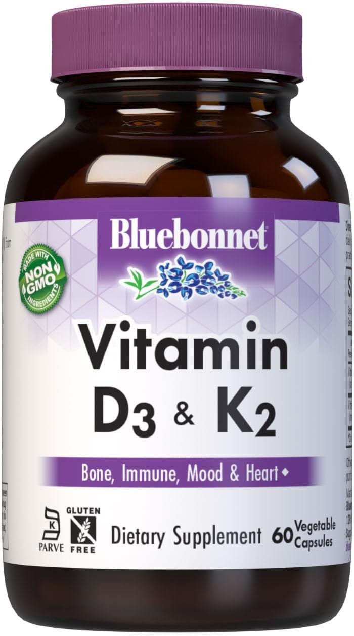 Bluebonnet Nutrition Vitamin D3 & K2, Soy-Free, For Strong-Healthy Bones*, Gluten-Free, Non-Gmo, Dairy-Free, Kosher Certified, Vegetarian, 60 Vegetable Capsules, 60 Servings