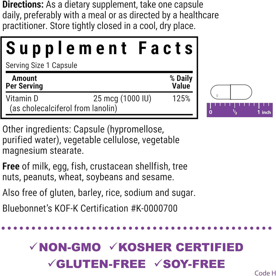 Bluebonnet Nutrition Vitamin D3 5000 Iu Vegetable Capsule, Aids In Muscle & Skeletal Growth, Cholecalciferol From Lanolin, D3, Non Gmo, Gluten Free, Soy Free, Milk Free, Kosher, 60 Count