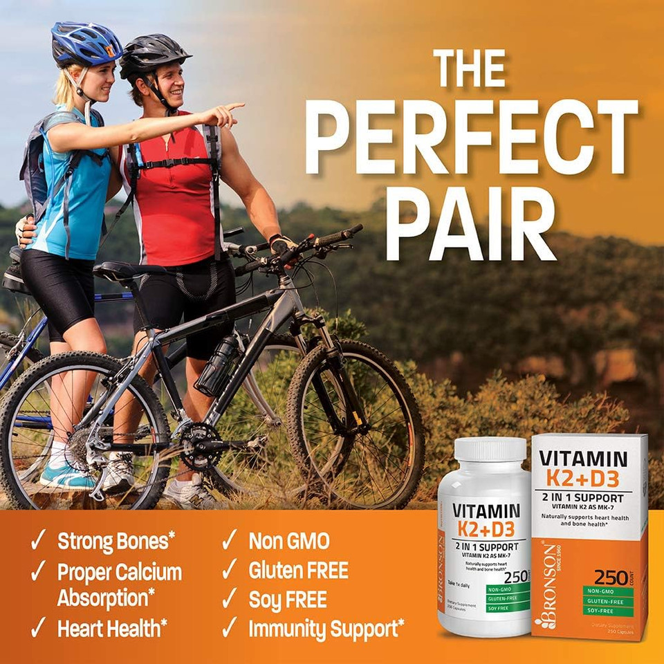Bronson Vitamin K2 (Mk7) With D3 Supplement Bone And Heart Health Non-Gmo Formula 5000 Iu Vitamin D3 & 90 Mcg Vitamin K2 Mk-7 Easy To Swallow Vitamin D & K Complex, 250 Capsules250 Count (Pack Of 1)