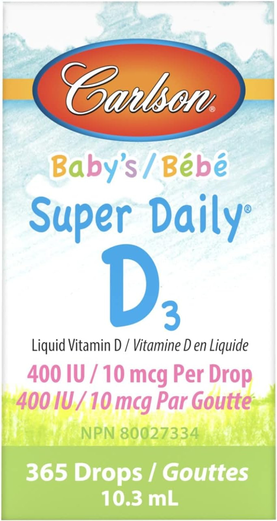 Carlson - Baby'S Super Daily D3, Baby Vitamin D Drops, 400 Iu (10 Mcg) Per Drop, 1-Year Supply, Vegetarian, Liquid Vitamin D Drops For Infants And Toddlers, Unflavored, 365 Drops0.35 Fl Oz (Pack Of 1)