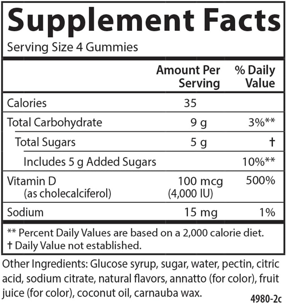 Carlson - Super D3 Gummies 4,000 Iu (100 Mcg), Bone Health, Immune Support & Calcium Absorption, Natural Fruit Flavors, 120 Vegetarian Gummies