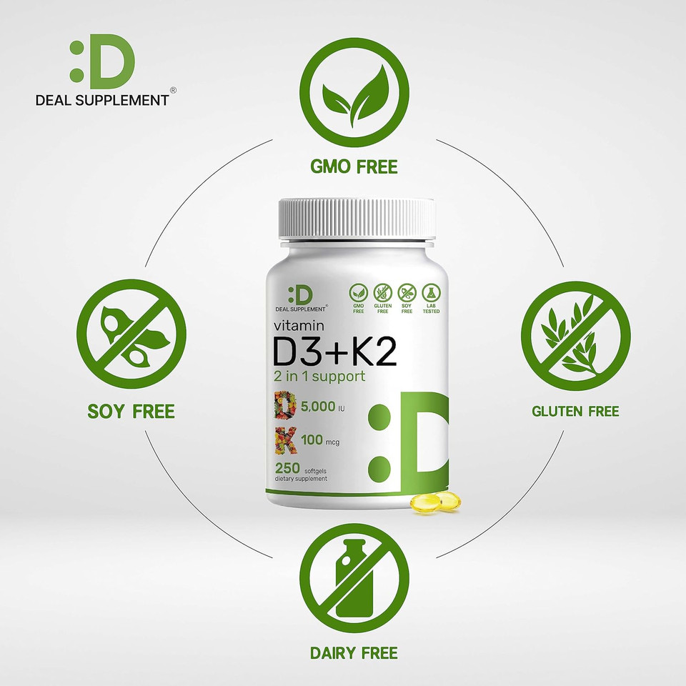 Deal Supplement Vitamin D3 K2 Softgel, 250 Count, 2-1 Complex, Vitamin D3 5000 Iu & Vitamin K2 Mk7, Promotes Heart, Bone & Teeth Health  Very Easy To Swallow250 Count (Pack Of 1)