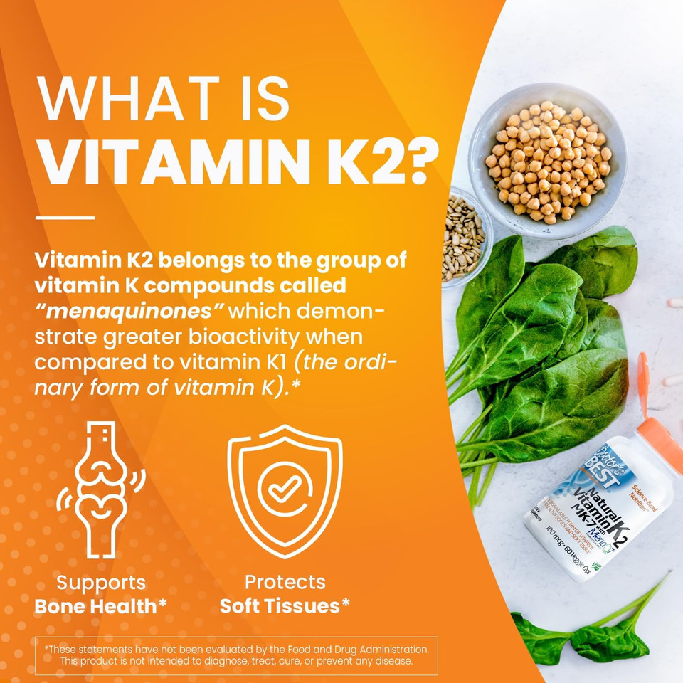 Doctor'S Best Natural Vitamin K2 Mk-7 With Menaq7, 100Mcg Vitamin K2 Supplement Supports Bone Health, Non-Gmo, 60 Veggie Capsules60 Count (Pack Of 1)